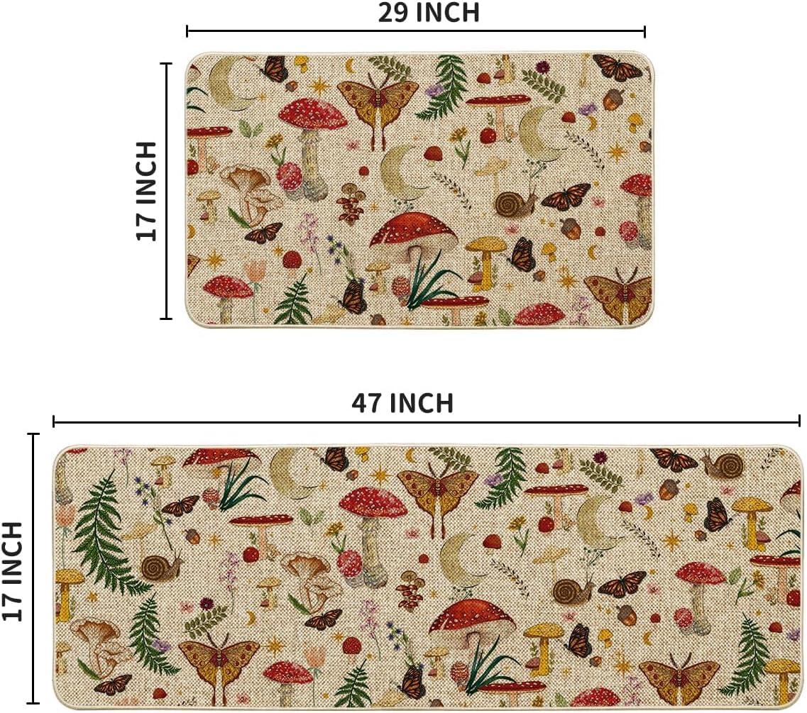 image:imageArtoid Mode Mushrooms Butterfly Spring Kitchen Mats Set of 2 Home Decor LowProfile Kitchen Rugs for Floor 17x29 and 17x47 InchBeige