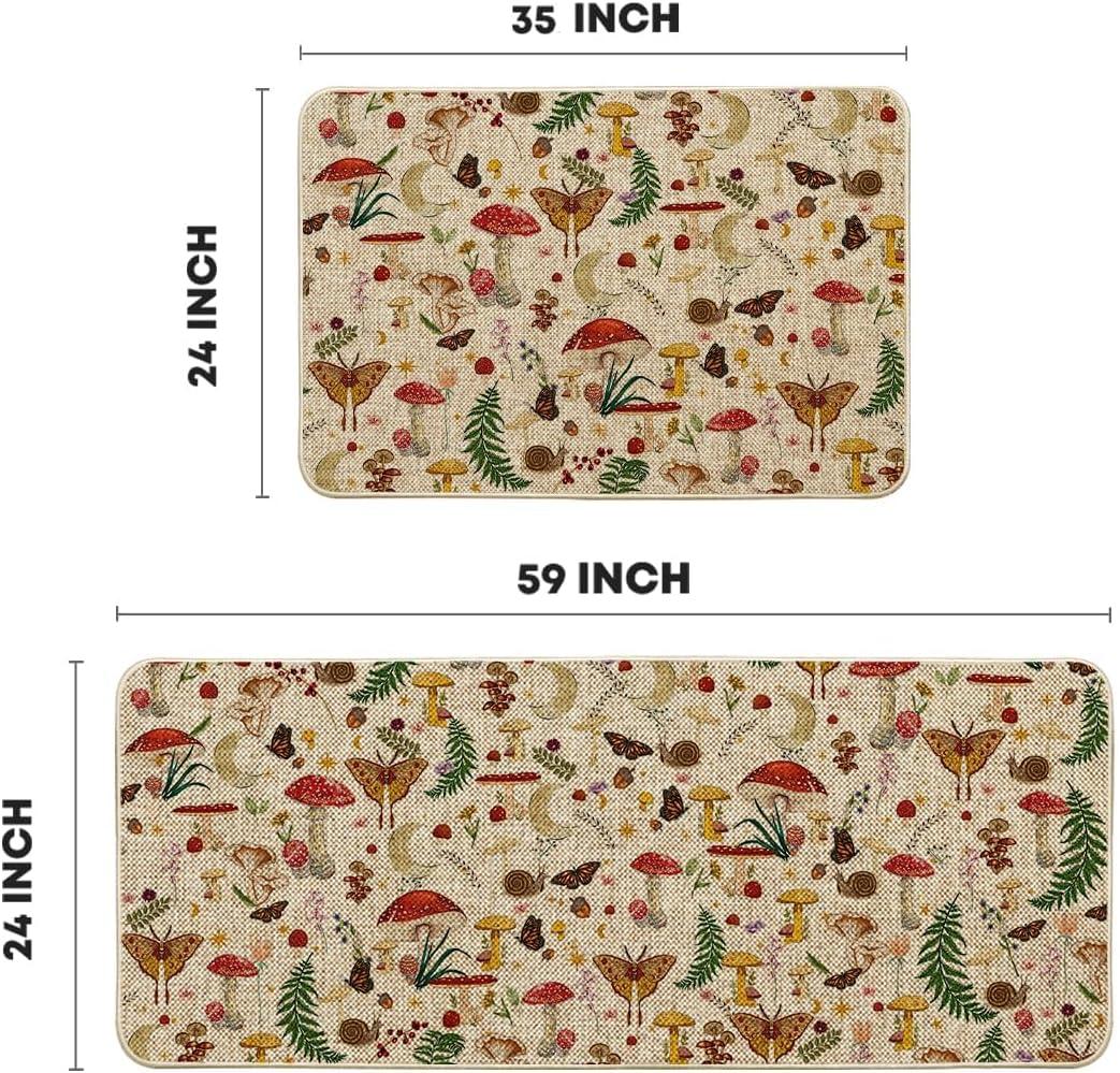 image:imageArtoid Mode Mushrooms Butterfly Spring Kitchen Mats Set of 2 Home Decor LowProfile Kitchen Rugs for Floor 17x29 and 17x47 InchBeige