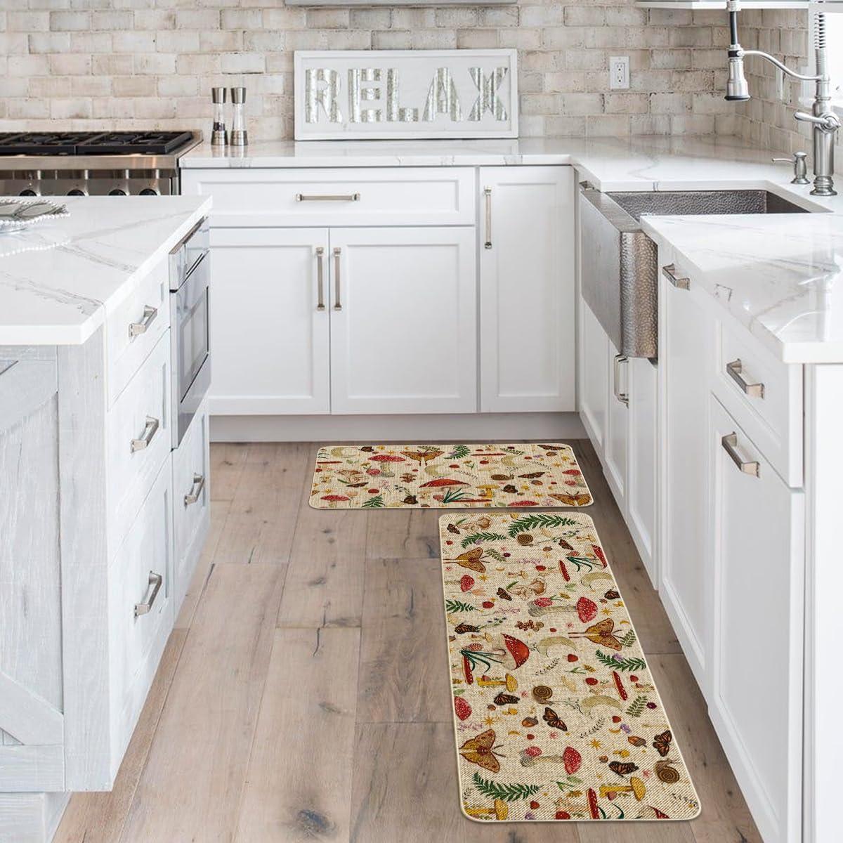 image:imageArtoid Mode Mushrooms Butterfly Spring Kitchen Mats Set of 2 Home Decor LowProfile Kitchen Rugs for Floor 17x29 and 17x47 InchBeige