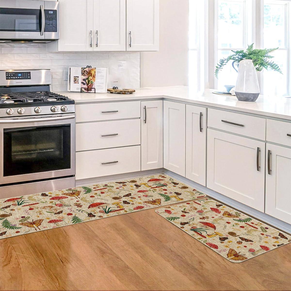 image:imageArtoid Mode Mushrooms Butterfly Spring Kitchen Mats Set of 2 Home Decor LowProfile Kitchen Rugs for Floor 17x29 and 17x47 InchBeige