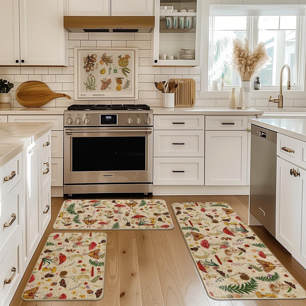 image:imageArtoid Mode Mushrooms Butterfly Spring Kitchen Mats Set of 2 Home Decor LowProfile Kitchen Rugs for Floor 17x29 and 17x47 InchBeige