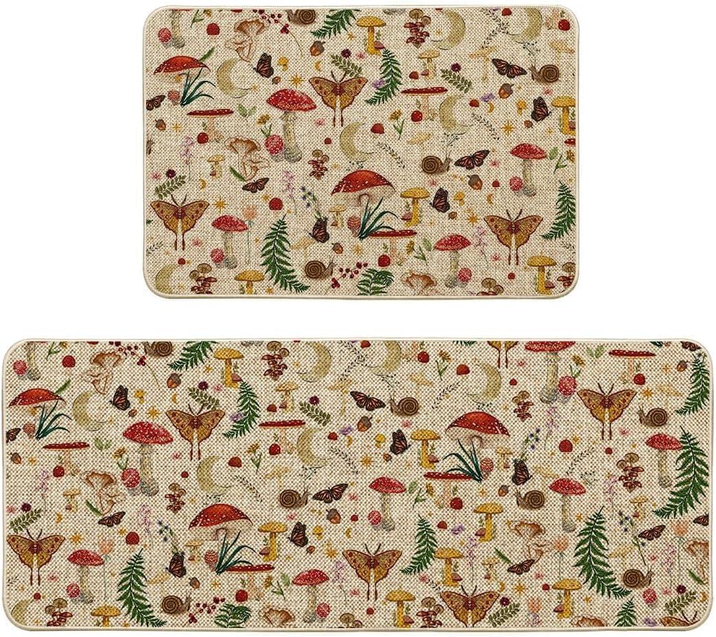 image:imageArtoid Mode Mushrooms Butterfly Spring Kitchen Mats Set of 2 Home Decor LowProfile Kitchen Rugs for Floor 17x29 and 17x47 InchBeige
