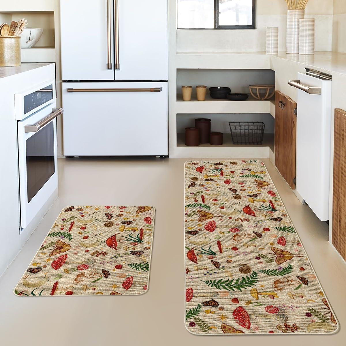 image:imageArtoid Mode Mushrooms Butterfly Spring Kitchen Mats Set of 2 Home Decor LowProfile Kitchen Rugs for Floor 17x29 and 17x47 InchBeige