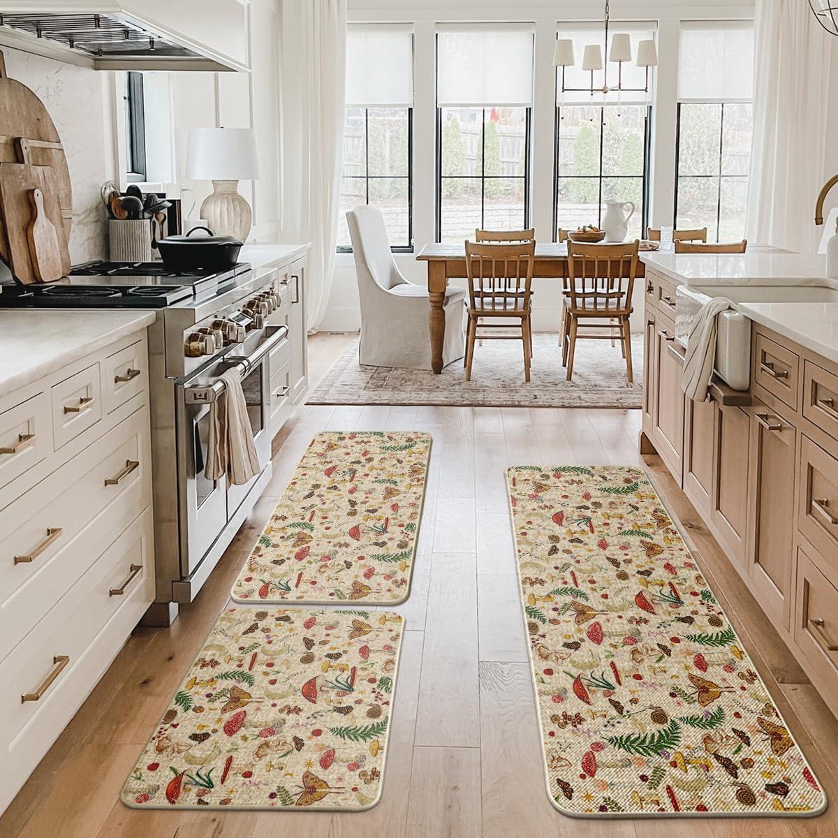 image:imageArtoid Mode Mushrooms Butterfly Spring Kitchen Mats Set of 2 Home Decor LowProfile Kitchen Rugs for Floor 17x29 and 17x47 InchBeige