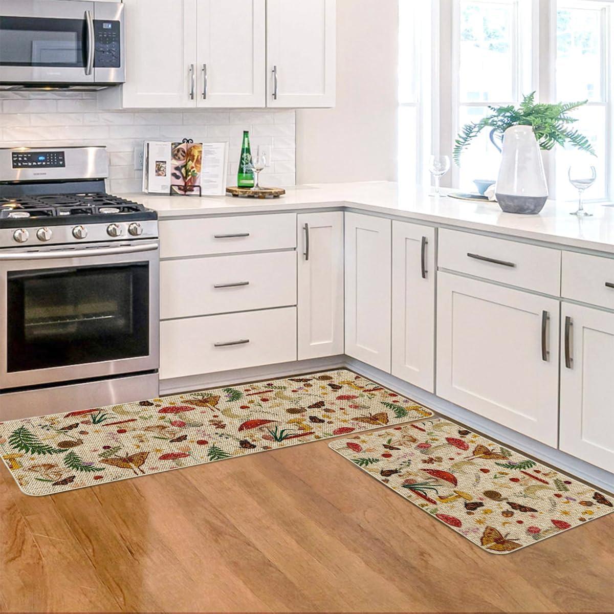 image:imageArtoid Mode Mushrooms Butterfly Spring Kitchen Mats Set of 2 Home Decor LowProfile Kitchen Rugs for Floor 17x29 and 17x47 InchBeige