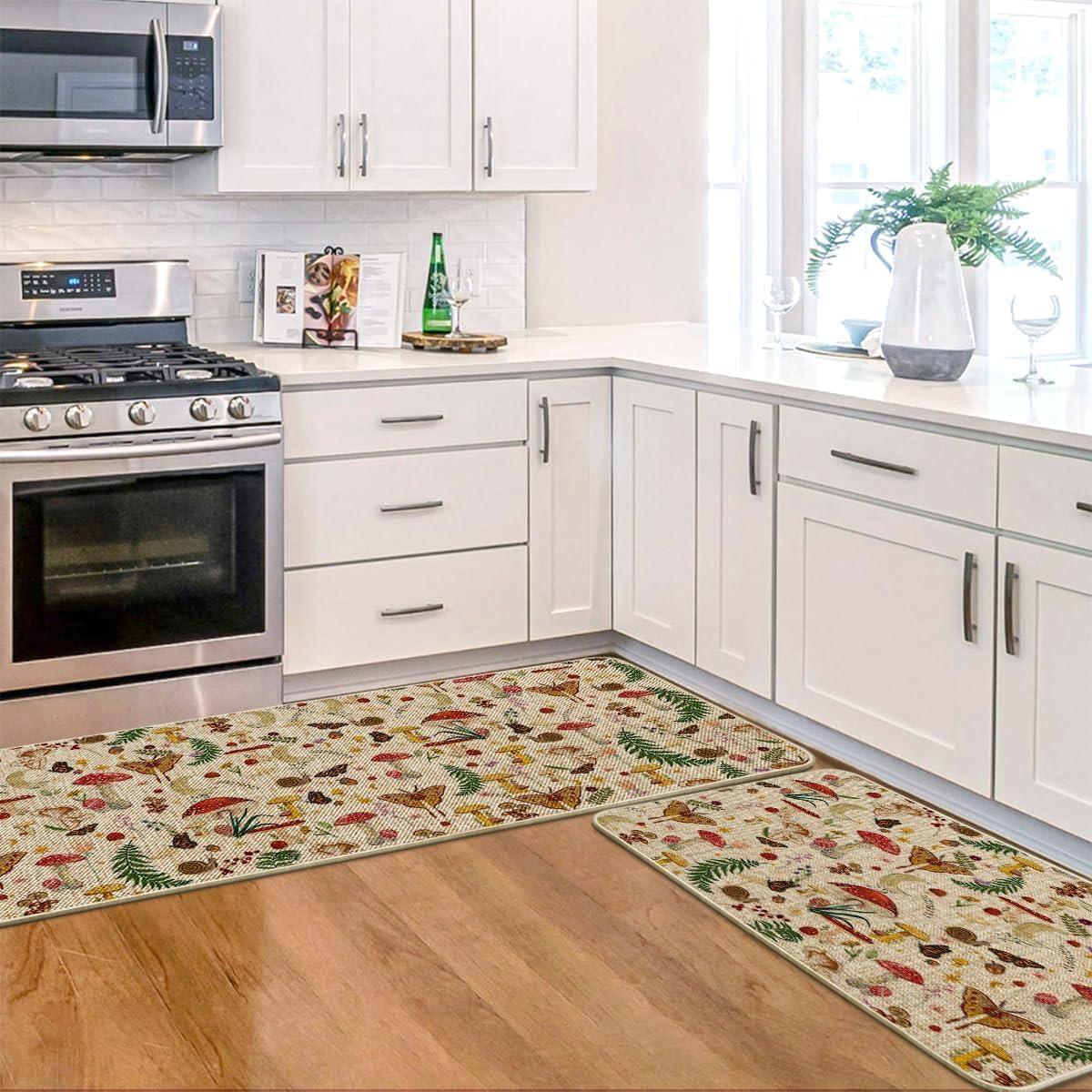 image:imageArtoid Mode Mushrooms Butterfly Spring Kitchen Mats Set of 2 Home Decor LowProfile Kitchen Rugs for Floor 17x29 and 17x47 InchBeige