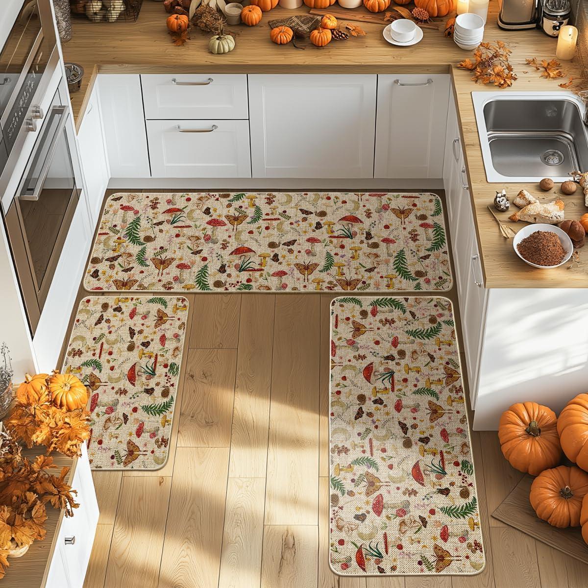 image:imageArtoid Mode Mushrooms Butterfly Spring Kitchen Mats Set of 2 Home Decor LowProfile Kitchen Rugs for Floor 17x29 and 17x47 InchBeige