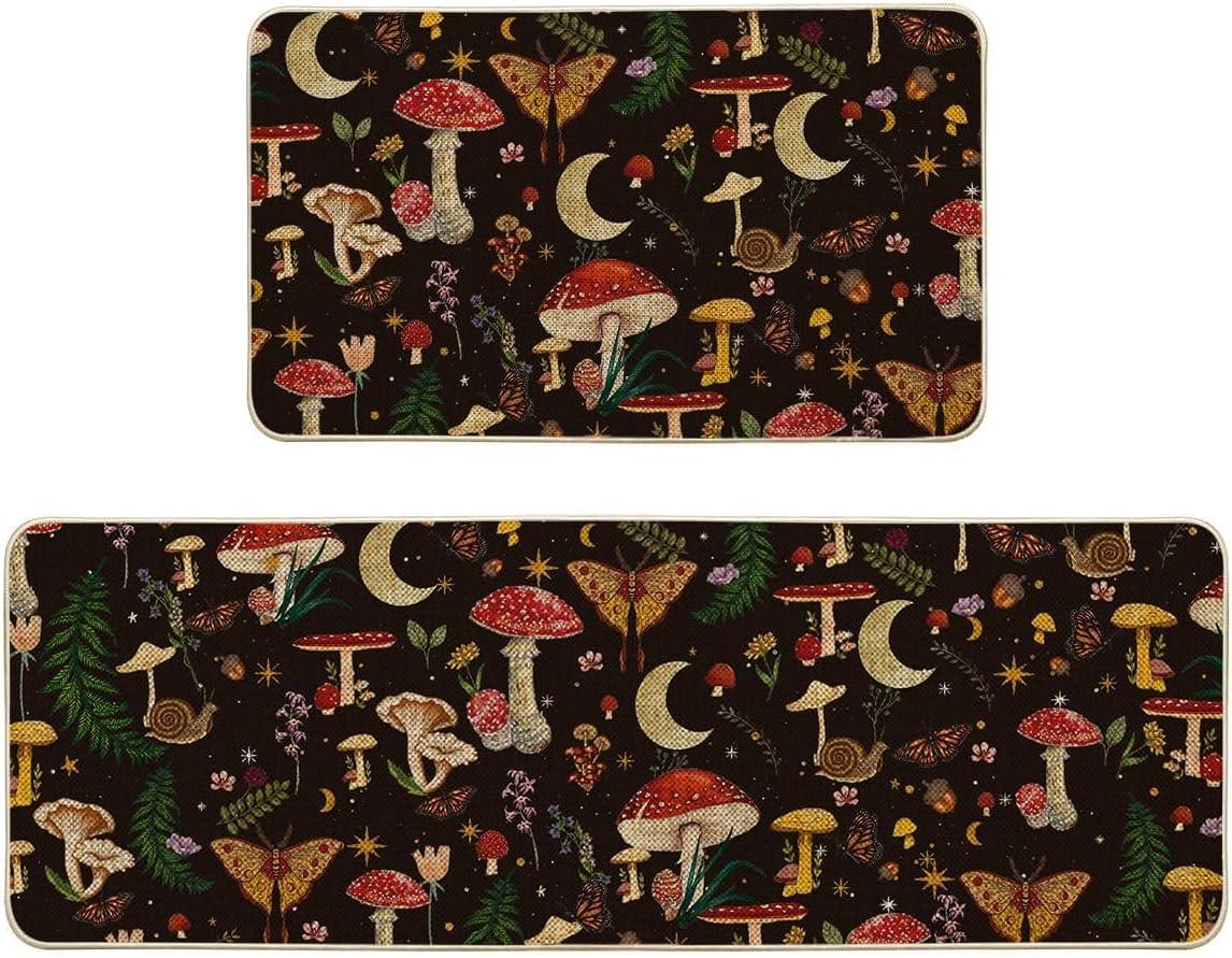 image:imageArtoid Mode Mushrooms Butterfly Spring Kitchen Mats Set of 2 Home Decor LowProfile Kitchen Rugs for Floor 17x29 and 17x47 InchBlack