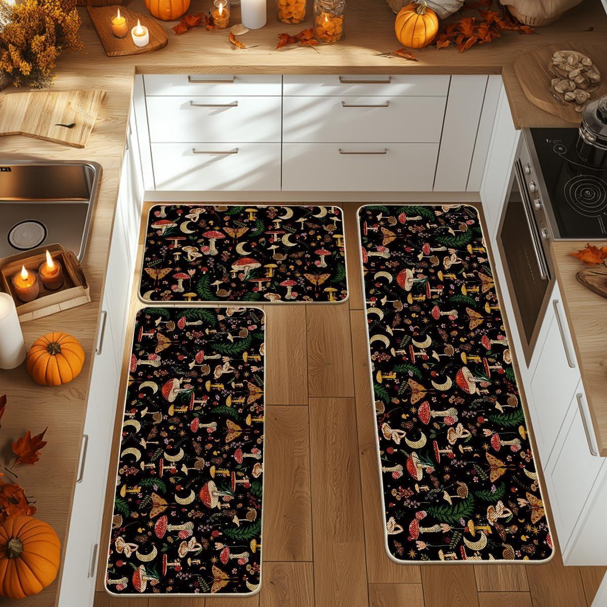 image:imageArtoid Mode Mushrooms Butterfly Spring Kitchen Mats Set of 2 Home Decor LowProfile Kitchen Rugs for Floor 17x29 and 17x47 InchBlack