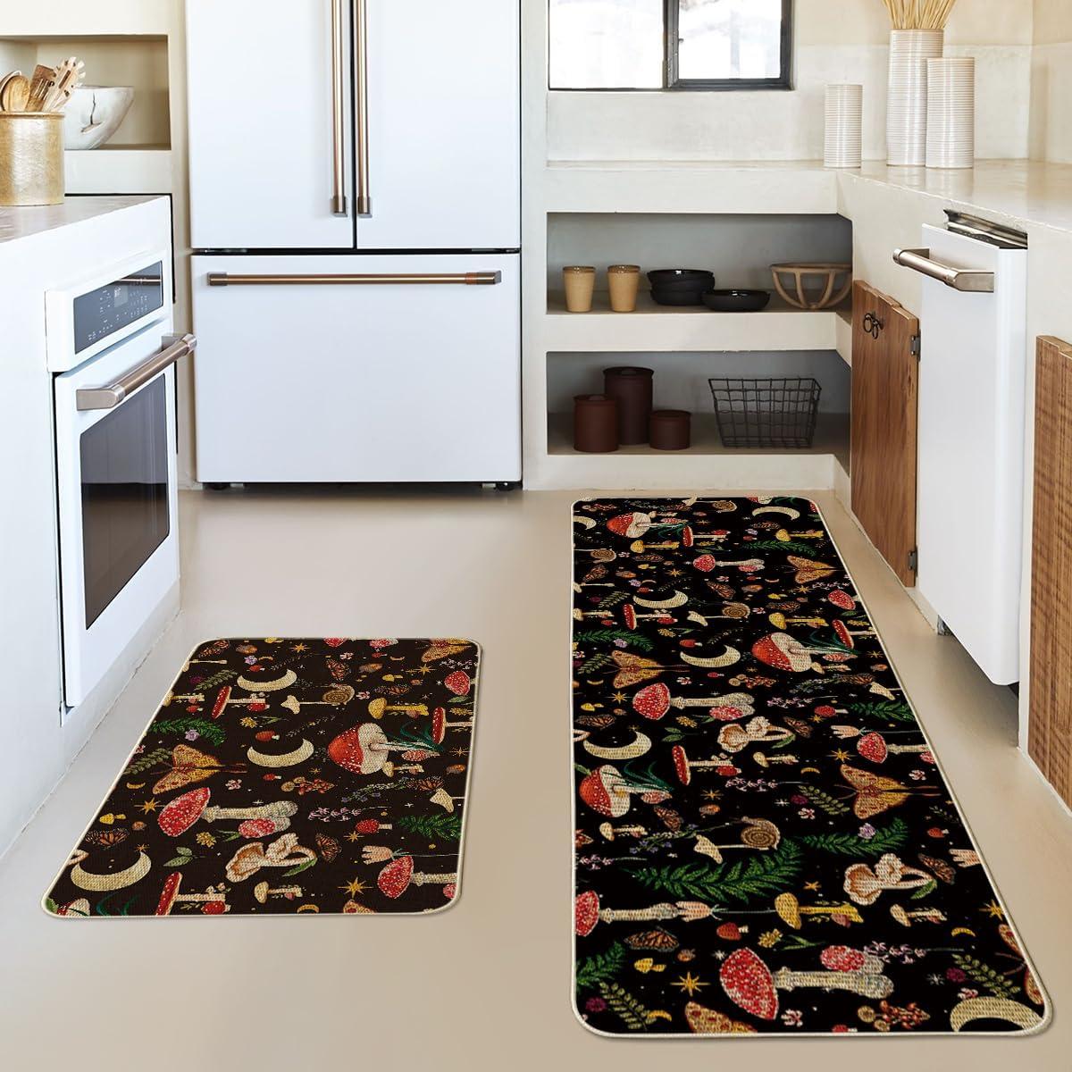 image:imageArtoid Mode Mushrooms Butterfly Spring Kitchen Mats Set of 2 Home Decor LowProfile Kitchen Rugs for Floor 17x29 and 17x47 InchBlack