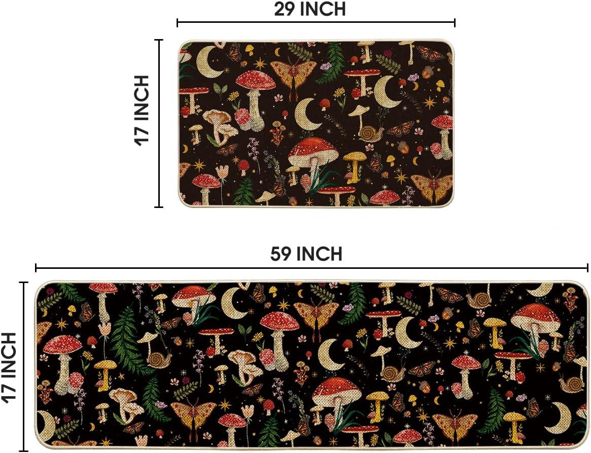 image:imageArtoid Mode Mushrooms Butterfly Spring Kitchen Mats Set of 2 Home Decor LowProfile Kitchen Rugs for Floor 17x29 and 17x47 InchBlack