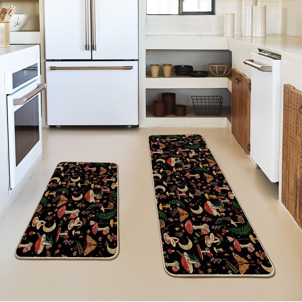 image:imageArtoid Mode Mushrooms Butterfly Spring Kitchen Mats Set of 2 Home Decor LowProfile Kitchen Rugs for Floor 17x29 and 17x47 InchBlack