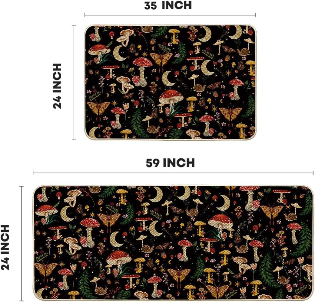image:imageArtoid Mode Mushrooms Butterfly Spring Kitchen Mats Set of 2 Home Decor LowProfile Kitchen Rugs for Floor 17x29 and 17x47 InchBlack