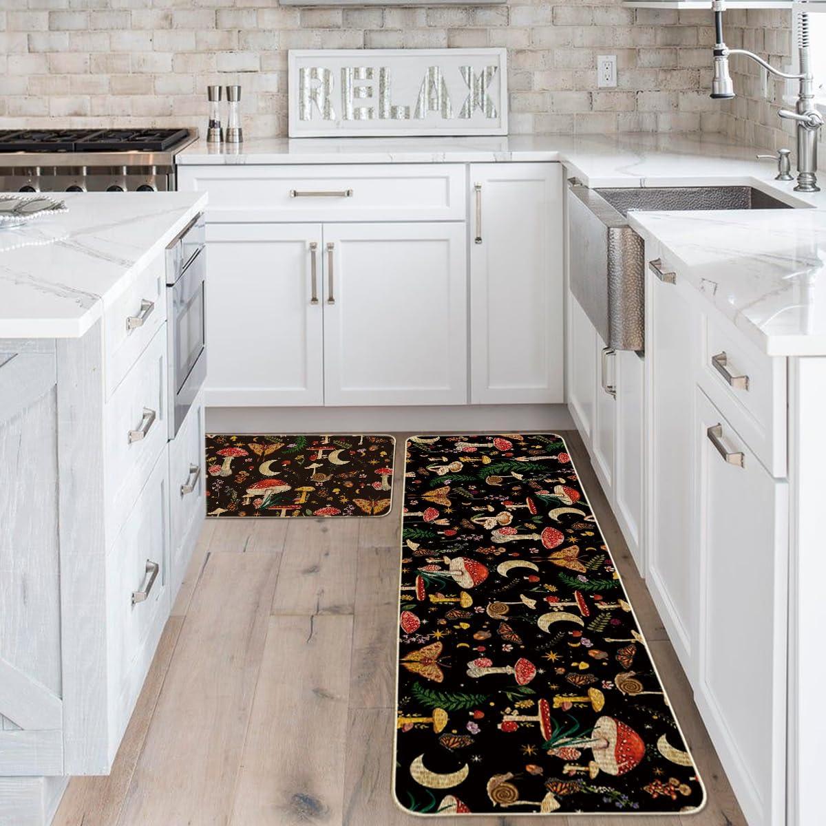 image:imageArtoid Mode Mushrooms Butterfly Spring Kitchen Mats Set of 2 Home Decor LowProfile Kitchen Rugs for Floor 17x29 and 17x47 InchBlack