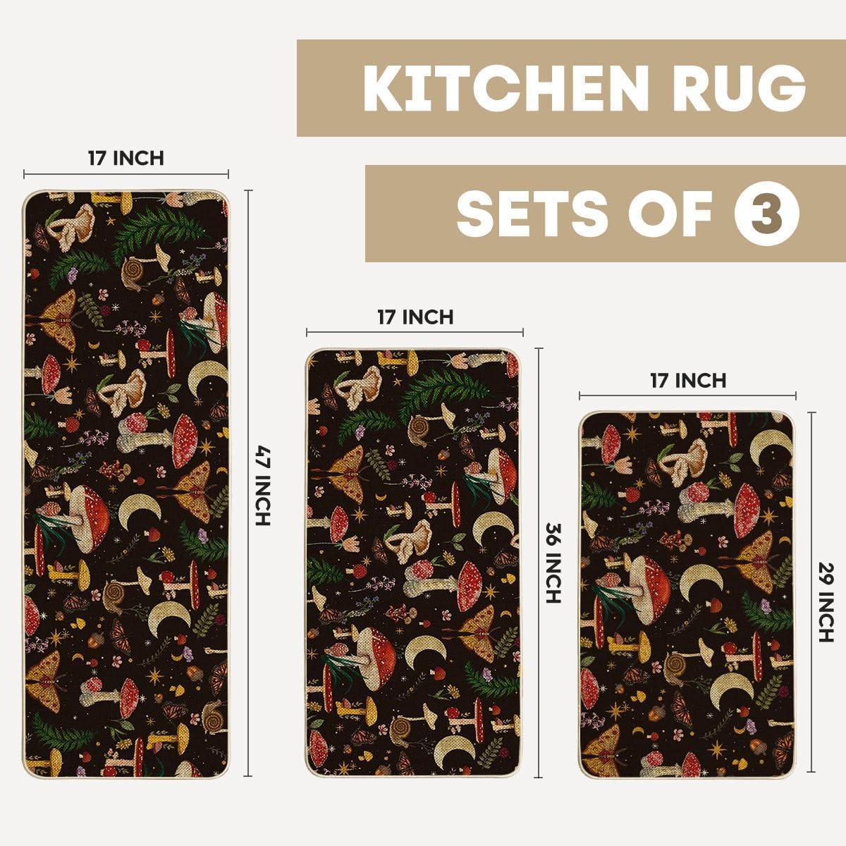 image:imageArtoid Mode Mushrooms Butterfly Spring Kitchen Mats Set of 2 Home Decor LowProfile Kitchen Rugs for Floor 17x29 and 17x47 InchBlack