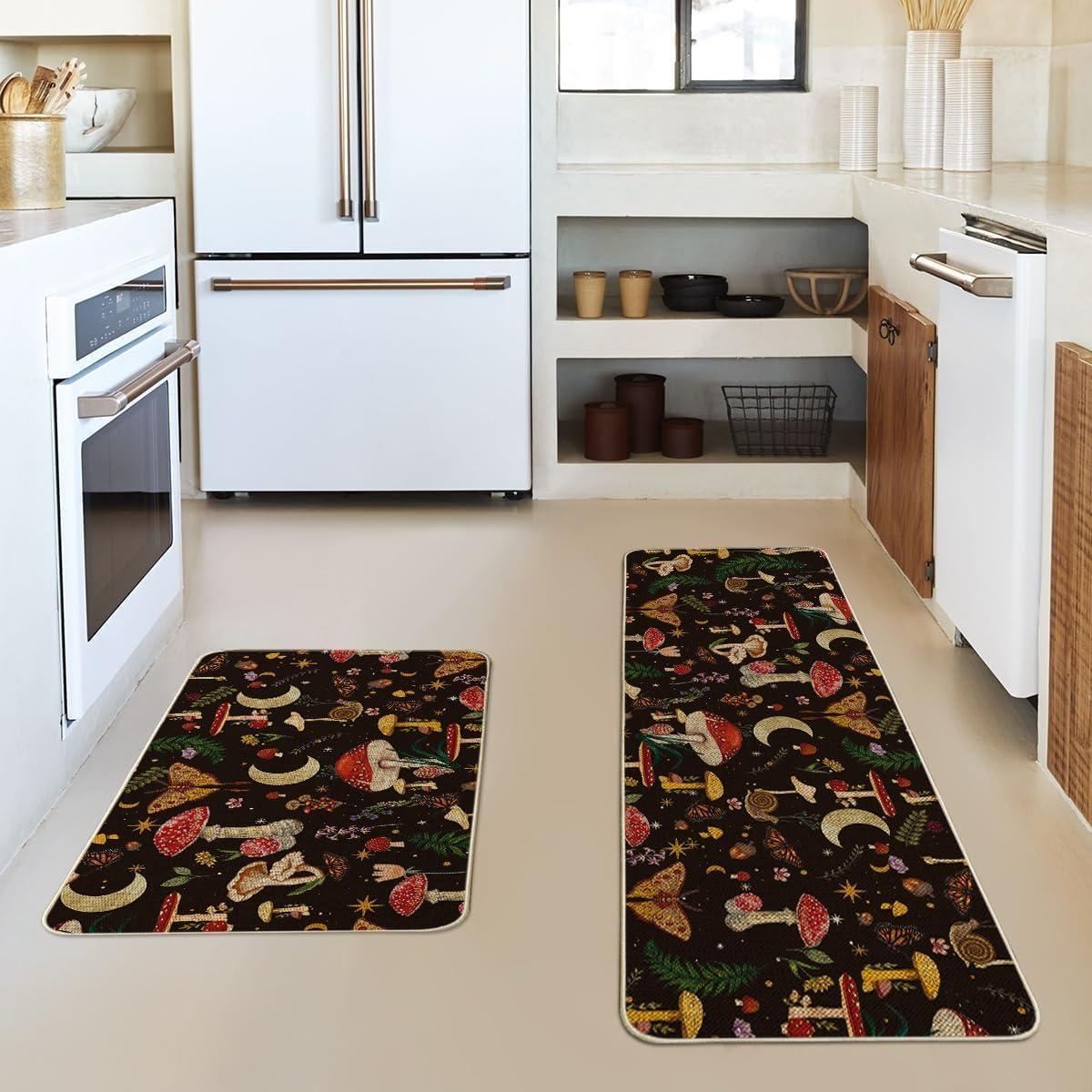 image:imageArtoid Mode Mushrooms Butterfly Spring Kitchen Mats Set of 2 Home Decor LowProfile Kitchen Rugs for Floor 17x29 and 17x47 InchBlack