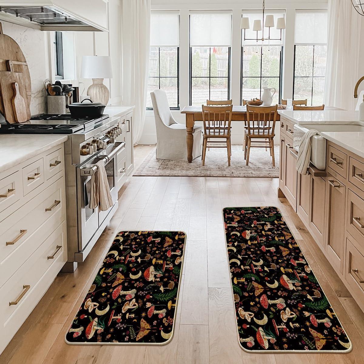 image:imageArtoid Mode Mushrooms Butterfly Spring Kitchen Mats Set of 2 Home Decor LowProfile Kitchen Rugs for Floor 17x29 and 17x47 InchBlack