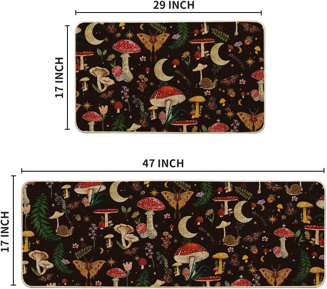 image:imageArtoid Mode Mushrooms Butterfly Spring Kitchen Mats Set of 2 Home Decor LowProfile Kitchen Rugs for Floor 17x29 and 17x47 InchBlack