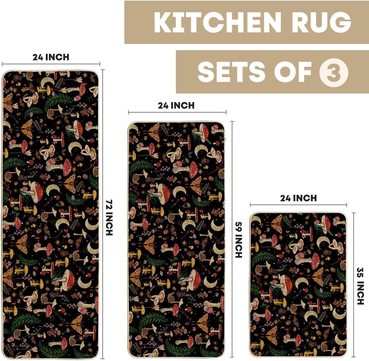 image:imageArtoid Mode Mushrooms Butterfly Spring Kitchen Mats Set of 2 Home Decor LowProfile Kitchen Rugs for Floor 17x29 and 17x47 InchBlack