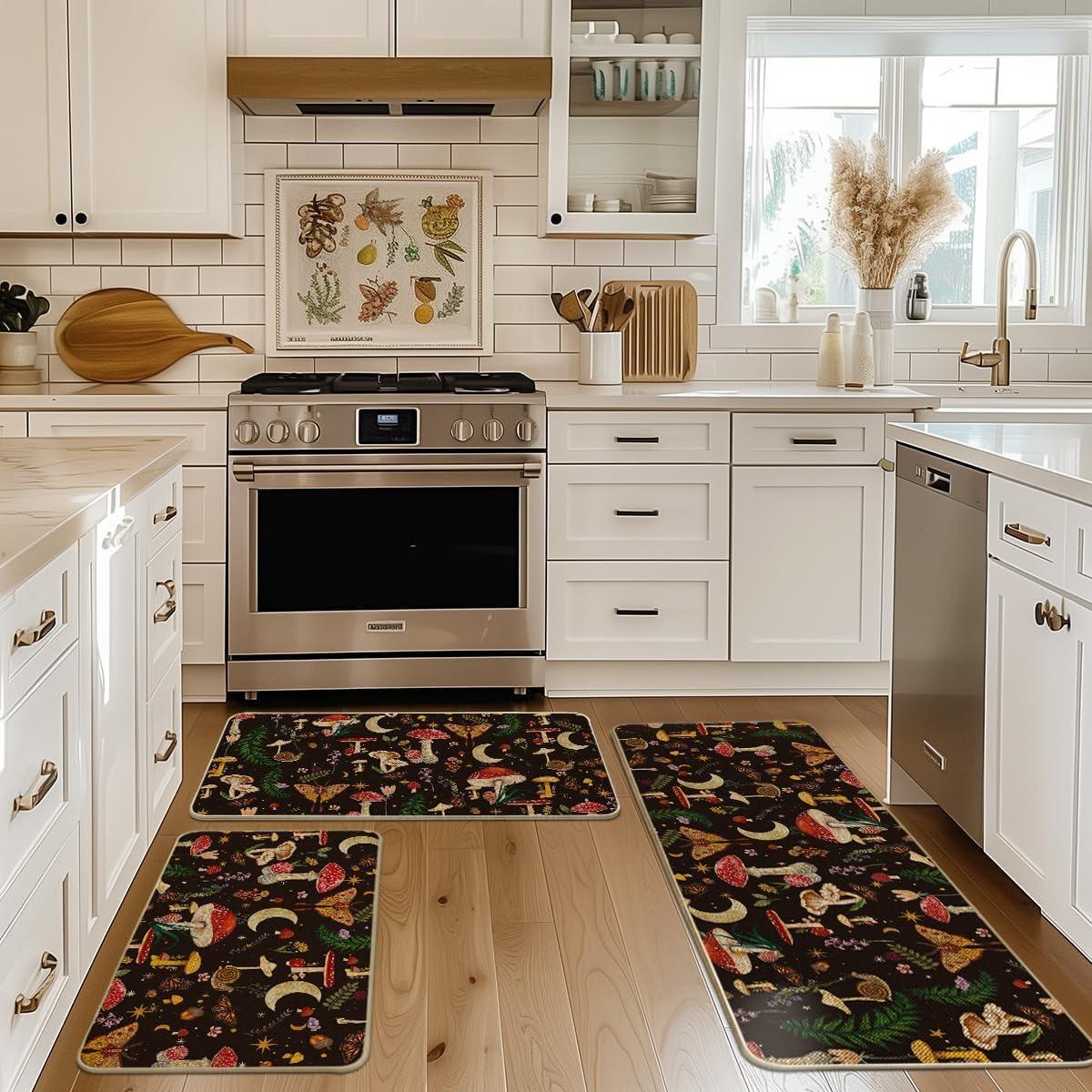 image:imageArtoid Mode Mushrooms Butterfly Spring Kitchen Mats Set of 2 Home Decor LowProfile Kitchen Rugs for Floor 17x29 and 17x47 InchBlack