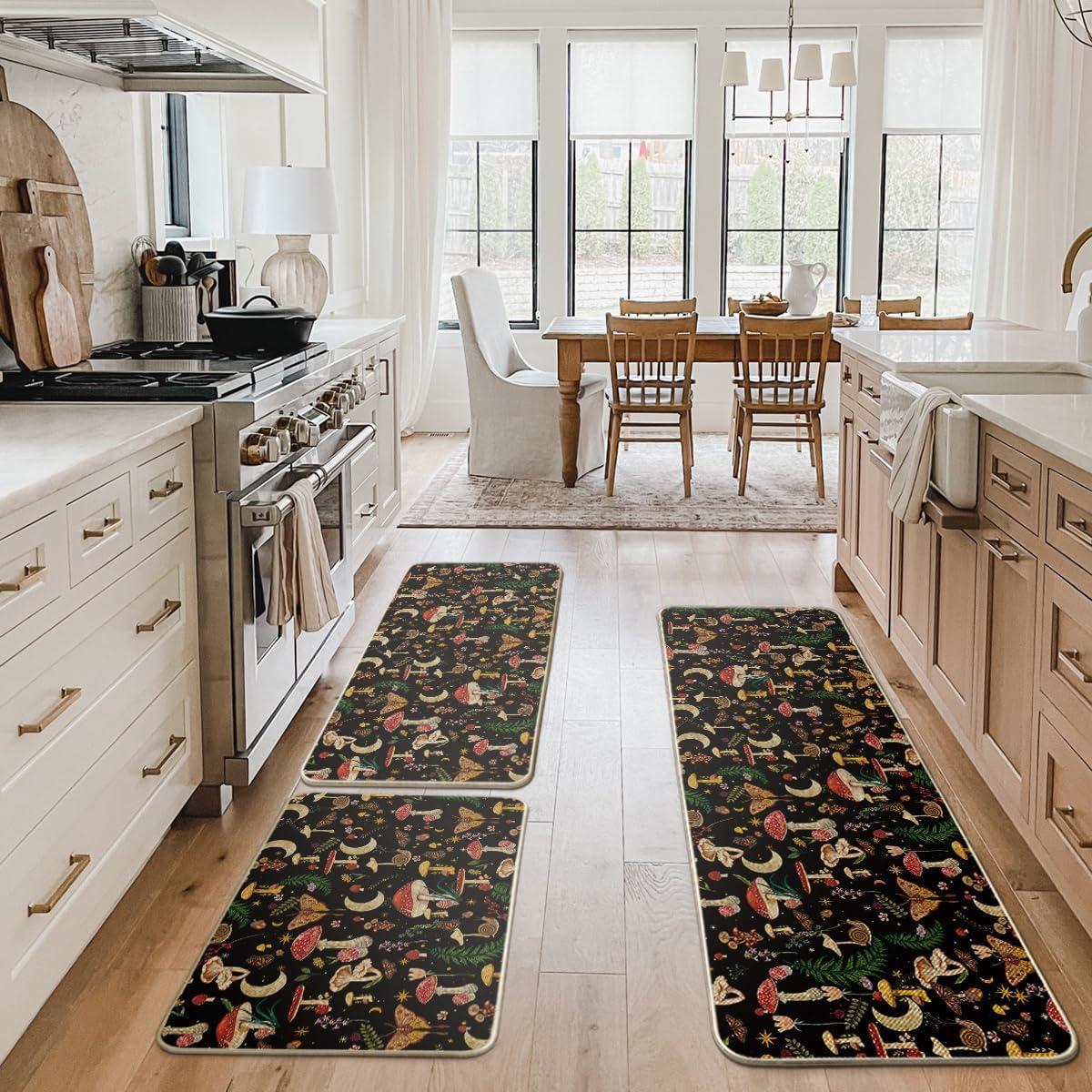 image:imageArtoid Mode Mushrooms Butterfly Spring Kitchen Mats Set of 2 Home Decor LowProfile Kitchen Rugs for Floor 17x29 and 17x47 InchBlack