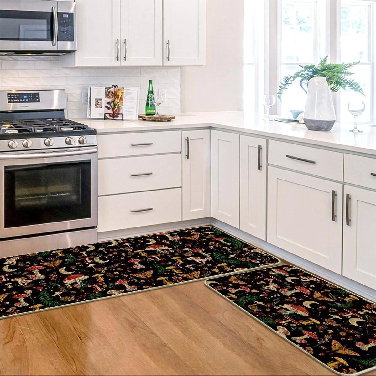 image:imageArtoid Mode Mushrooms Butterfly Spring Kitchen Mats Set of 2 Home Decor LowProfile Kitchen Rugs for Floor 17x29 and 17x47 InchBlack