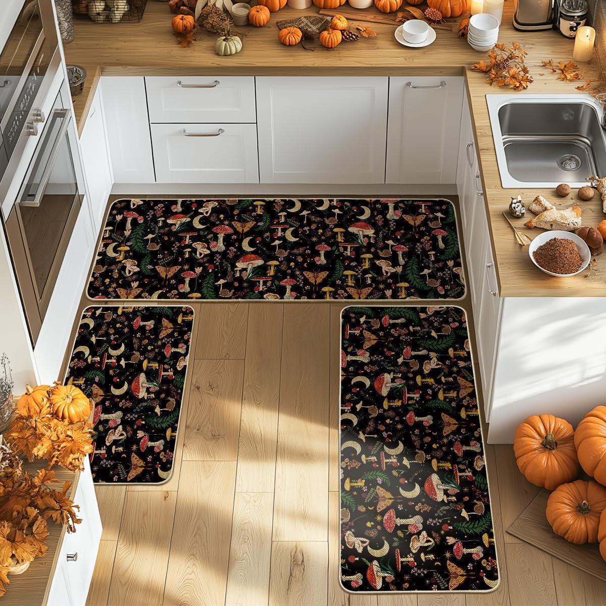 image:imageArtoid Mode Mushrooms Butterfly Spring Kitchen Mats Set of 2 Home Decor LowProfile Kitchen Rugs for Floor 17x29 and 17x47 InchBlack