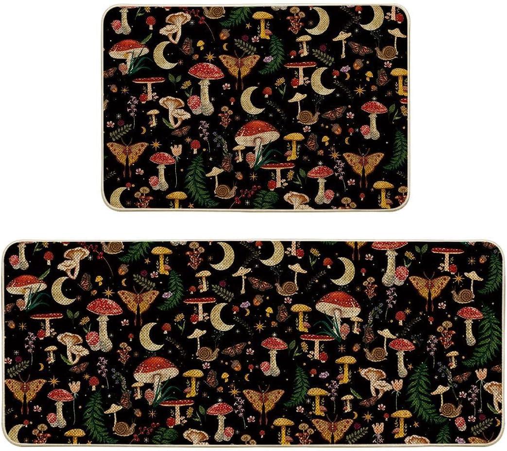 image:imageArtoid Mode Mushrooms Butterfly Spring Kitchen Mats Set of 2 Home Decor LowProfile Kitchen Rugs for Floor 17x29 and 17x47 InchBlack