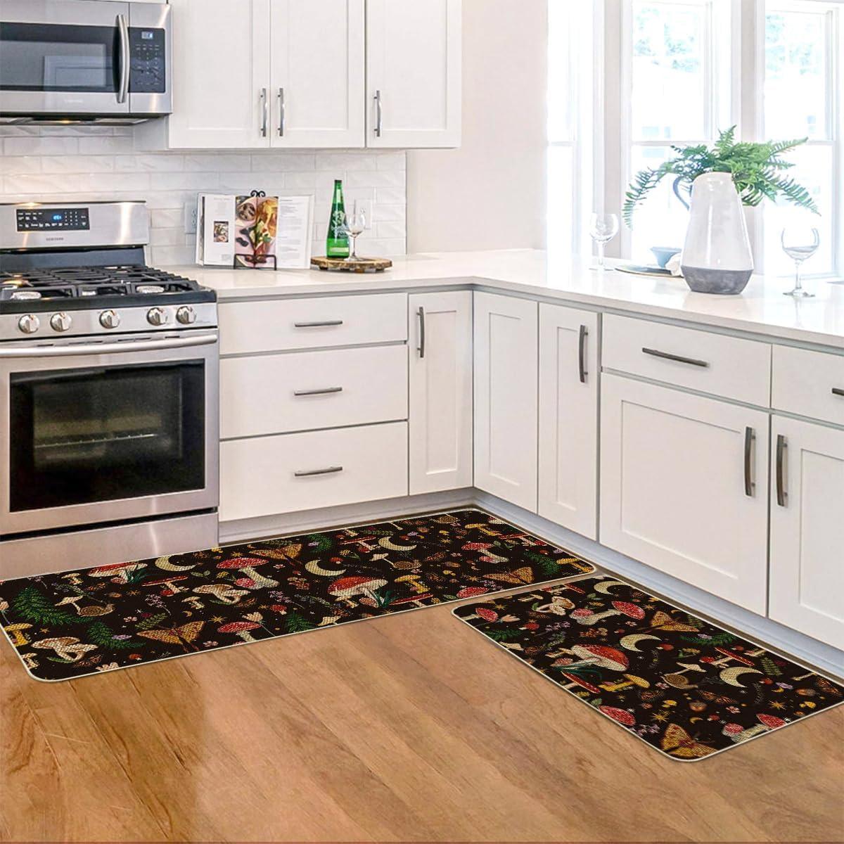 image:imageArtoid Mode Mushrooms Butterfly Spring Kitchen Mats Set of 2 Home Decor LowProfile Kitchen Rugs for Floor 17x29 and 17x47 InchBlack
