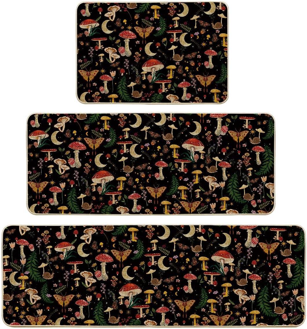 image:imageArtoid Mode Mushrooms Butterfly Spring Kitchen Mats Set of 2 Home Decor LowProfile Kitchen Rugs for Floor 17x29 and 17x47 InchBlack