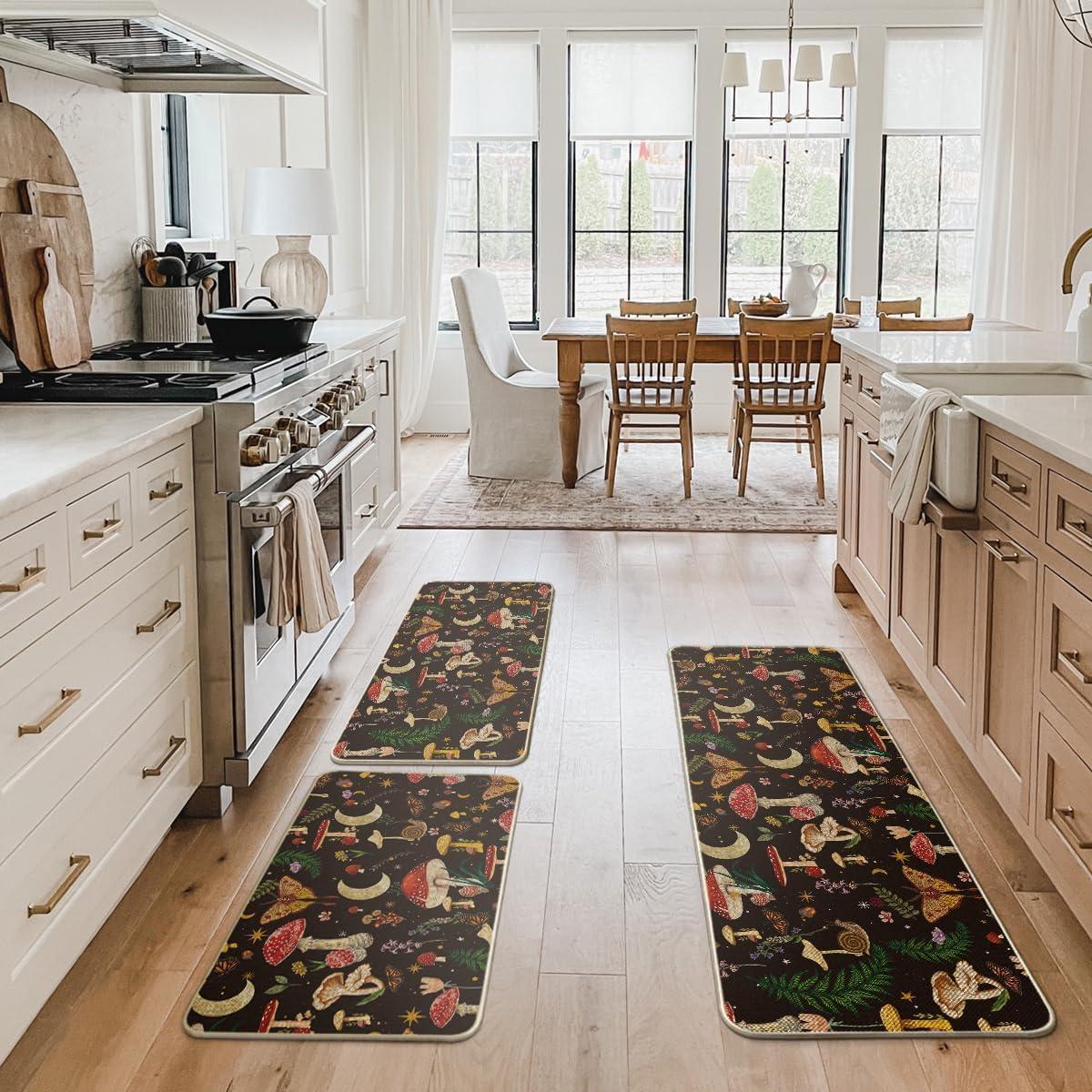 image:imageArtoid Mode Mushrooms Butterfly Spring Kitchen Mats Set of 2 Home Decor LowProfile Kitchen Rugs for Floor 17x29 and 17x47 InchBlack