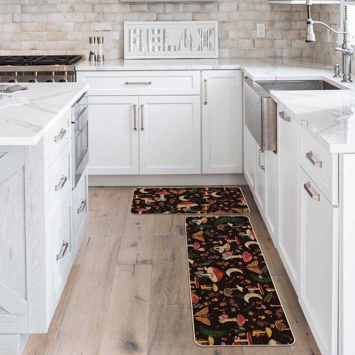 image:imageArtoid Mode Mushrooms Butterfly Spring Kitchen Mats Set of 2 Home Decor LowProfile Kitchen Rugs for Floor 17x29 and 17x47 InchBlack