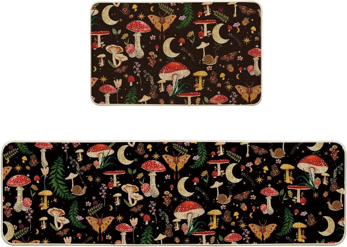 image:imageArtoid Mode Mushrooms Butterfly Spring Kitchen Mats Set of 2 Home Decor LowProfile Kitchen Rugs for Floor 17x29 and 17x47 InchBlack
