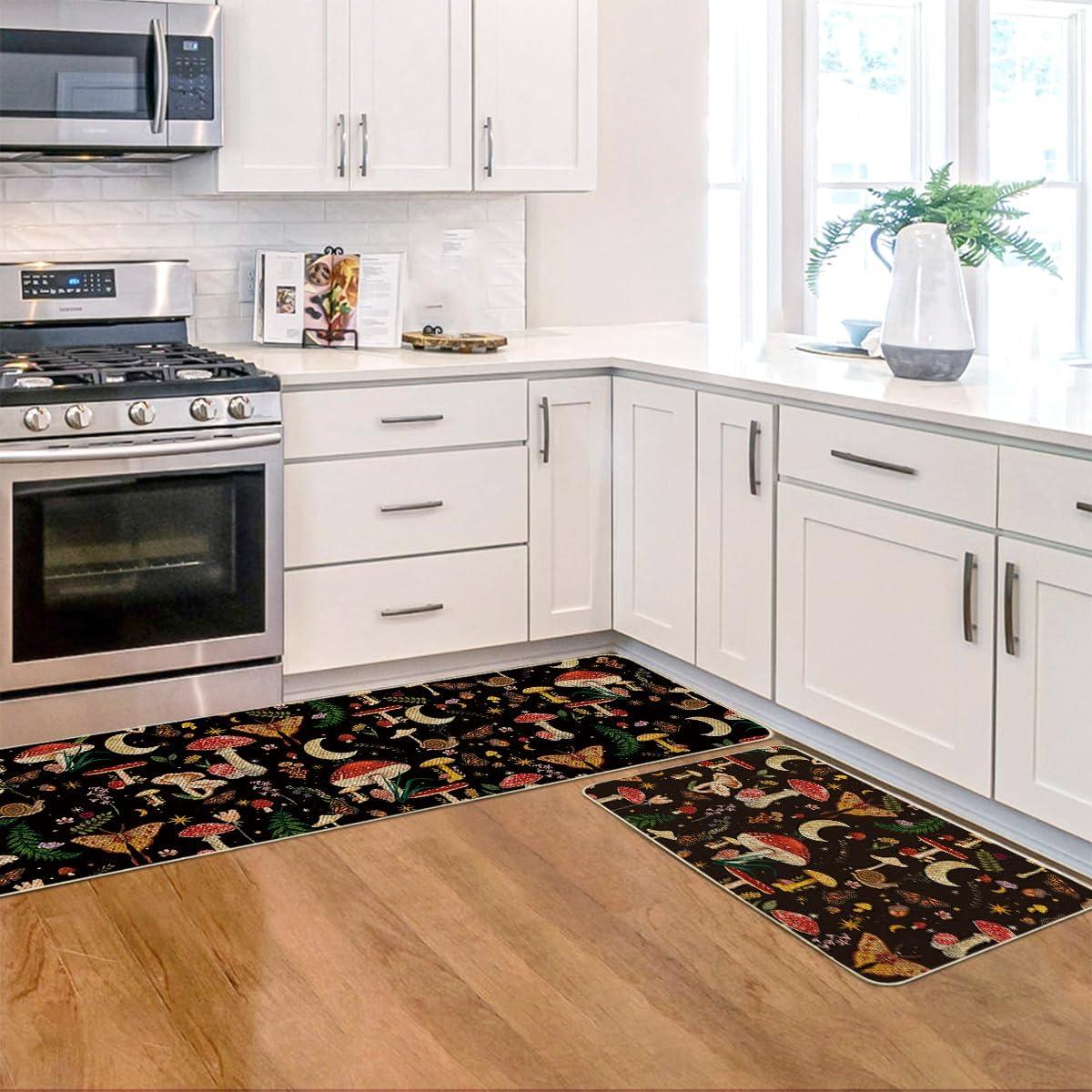 image:imageArtoid Mode Mushrooms Butterfly Spring Kitchen Mats Set of 2 Home Decor LowProfile Kitchen Rugs for Floor 17x29 and 17x47 InchBlack