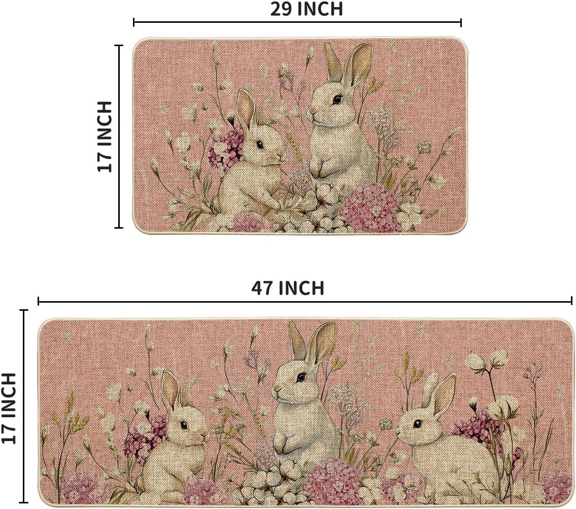 image:imageArtoid Mode Pink Rabbit Bunny Flowers Easter Kitchen Mats Set of 2 Spring Home Decor LowProfile Kitchen Rugs for Floor 17x29 and 17x47 InchPink