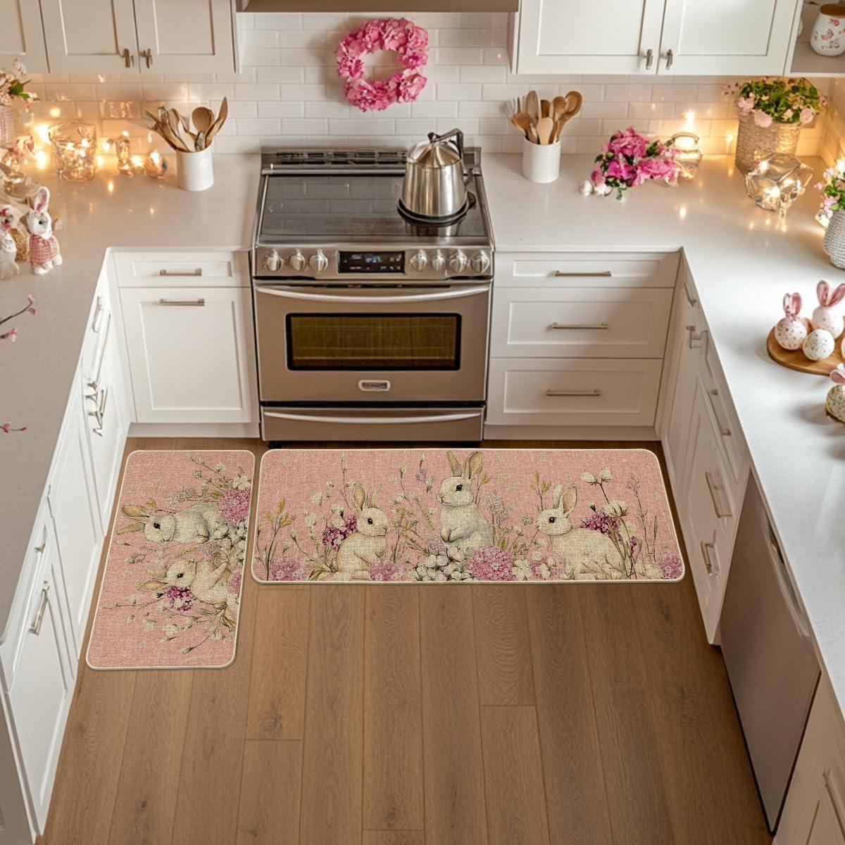 image:imageArtoid Mode Pink Rabbit Bunny Flowers Easter Kitchen Mats Set of 2 Spring Home Decor LowProfile Kitchen Rugs for Floor 17x29 and 17x47 InchPink