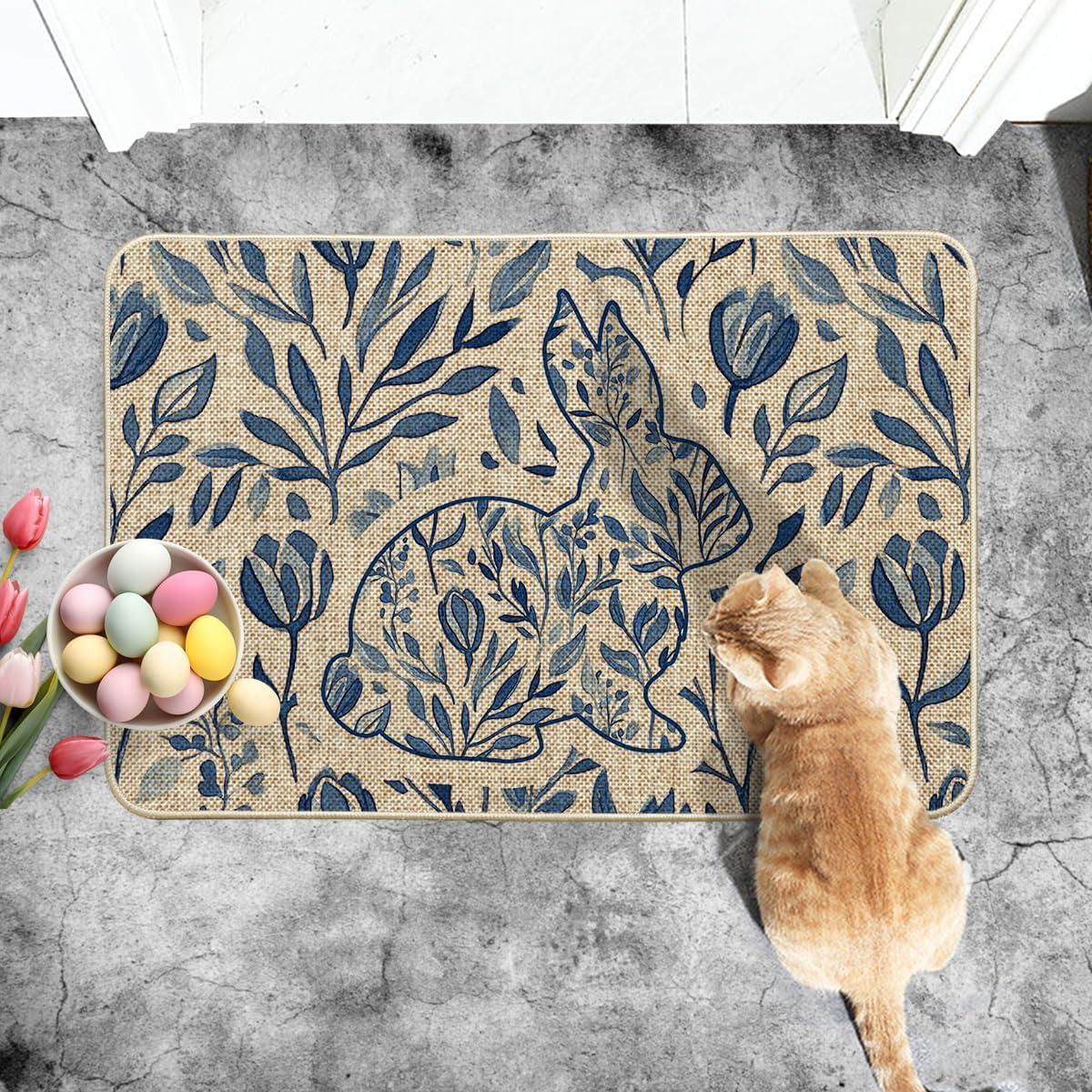 image:imageArtoid Mode Rabbit Bunny Leaves Flowers Easter Doormat Home Decor LowProfile Switch Rug Door Mat Floor Mat for Indoor Outdoor 17x29 InchBeige