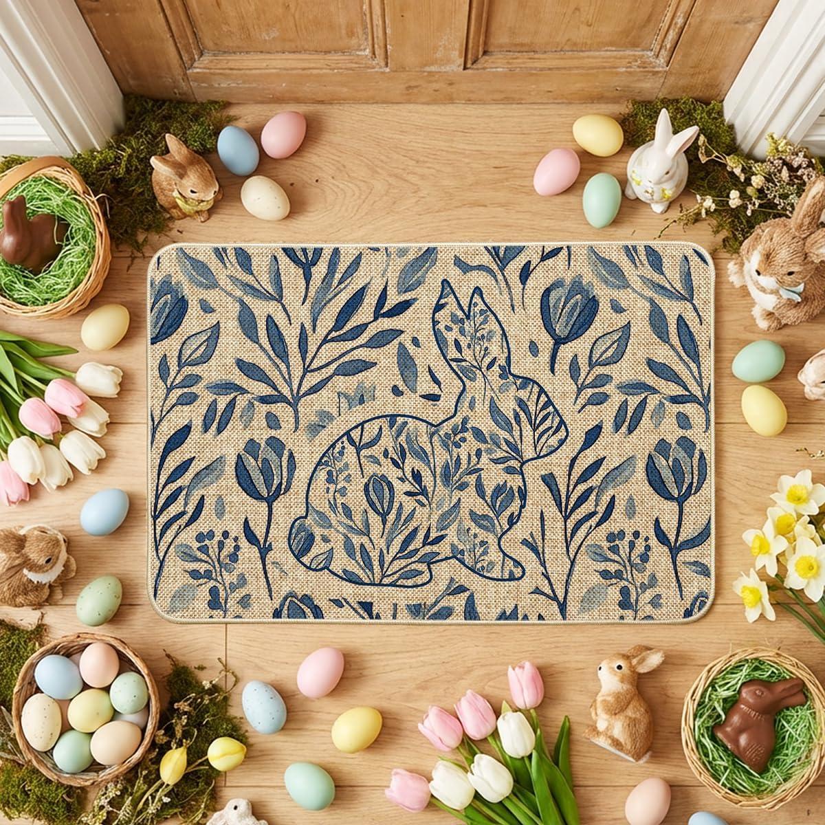 image:imageArtoid Mode Rabbit Bunny Leaves Flowers Easter Doormat Home Decor LowProfile Switch Rug Door Mat Floor Mat for Indoor Outdoor 17x29 InchBeige