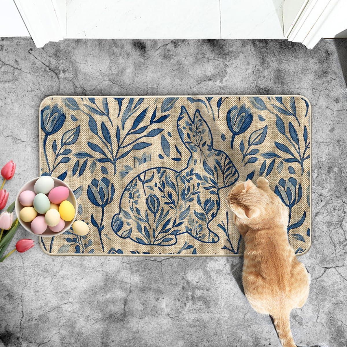 image:imageArtoid Mode Rabbit Bunny Leaves Flowers Easter Doormat Home Decor LowProfile Switch Rug Door Mat Floor Mat for Indoor Outdoor 17x29 InchBeige