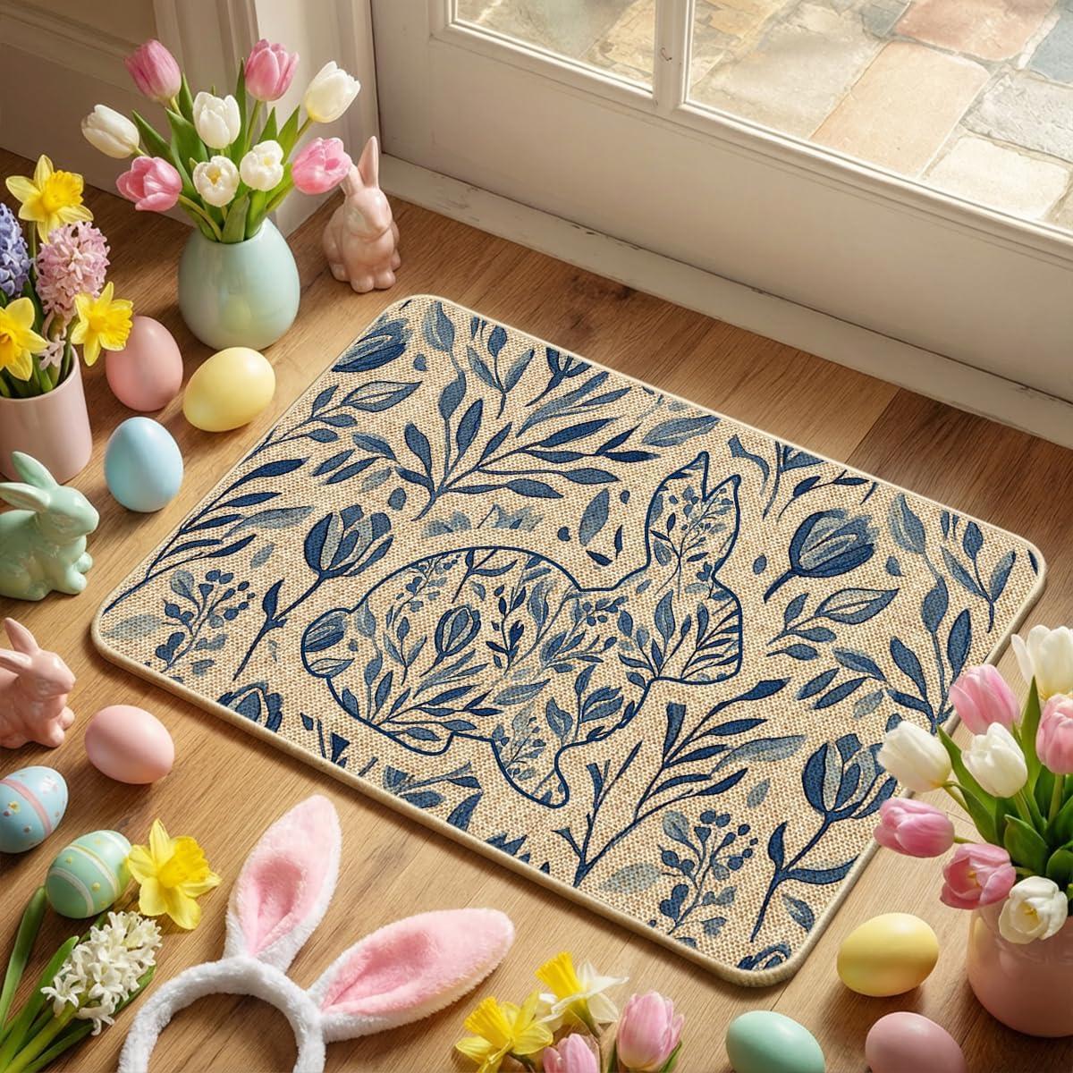 image:imageArtoid Mode Rabbit Bunny Leaves Flowers Easter Doormat Home Decor LowProfile Switch Rug Door Mat Floor Mat for Indoor Outdoor 17x29 InchBeige