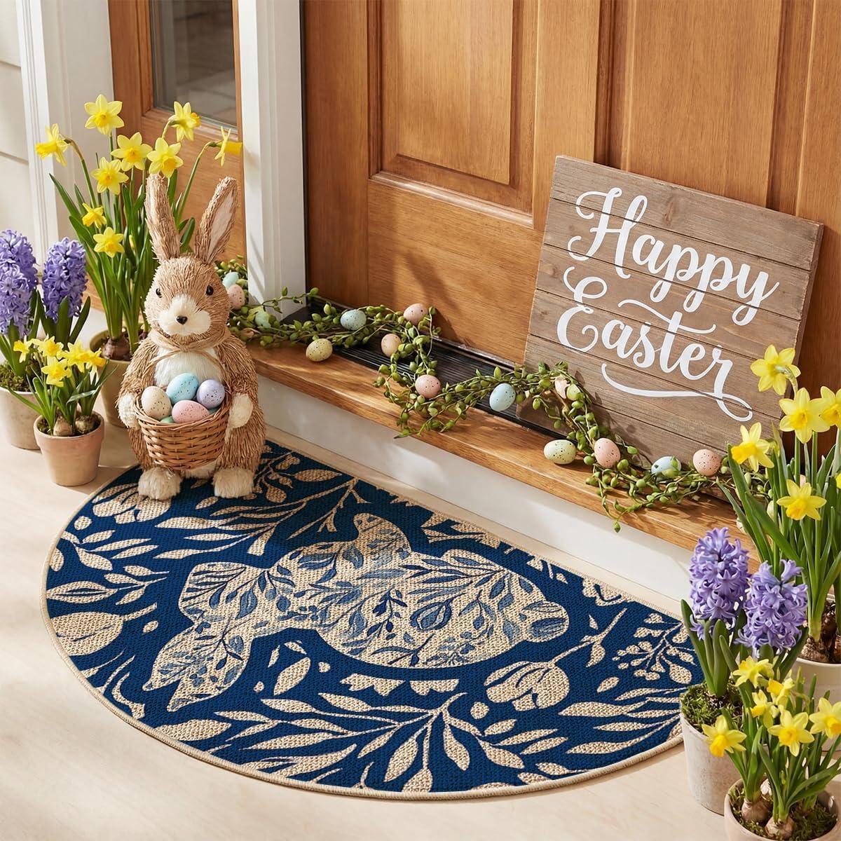 image:imageArtoid Mode Rabbit Bunny Leaves Flowers Easter Doormat Home Decor LowProfile Switch Rug Door Mat Floor Mat for Indoor Outdoor 17x29 InchBlue