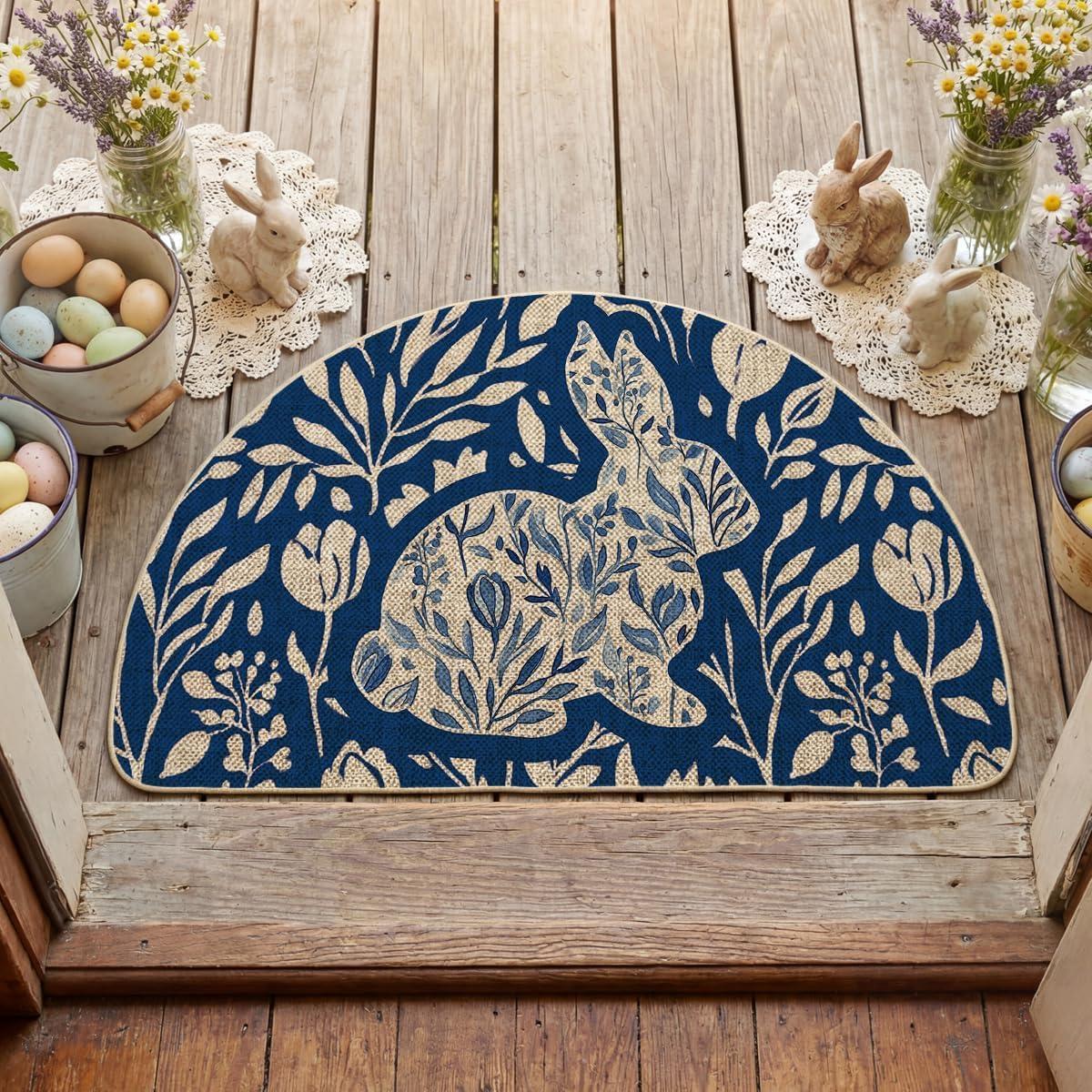 image:imageArtoid Mode Rabbit Bunny Leaves Flowers Easter Doormat Home Decor LowProfile Switch Rug Door Mat Floor Mat for Indoor Outdoor 17x29 InchBlue