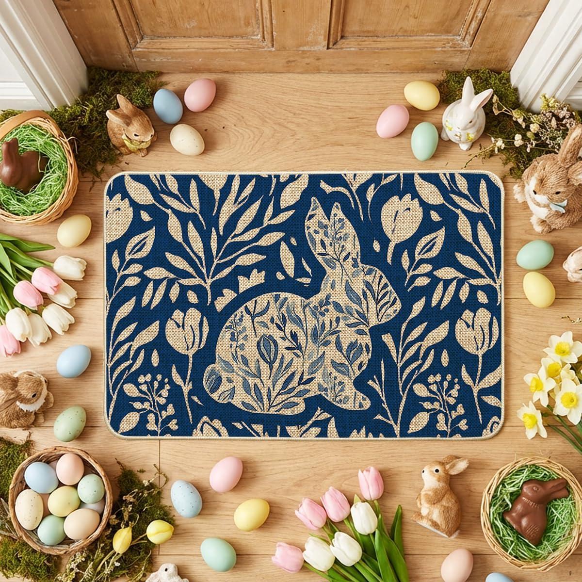 image:imageArtoid Mode Rabbit Bunny Leaves Flowers Easter Doormat Home Decor LowProfile Switch Rug Door Mat Floor Mat for Indoor Outdoor 17x29 InchBlue