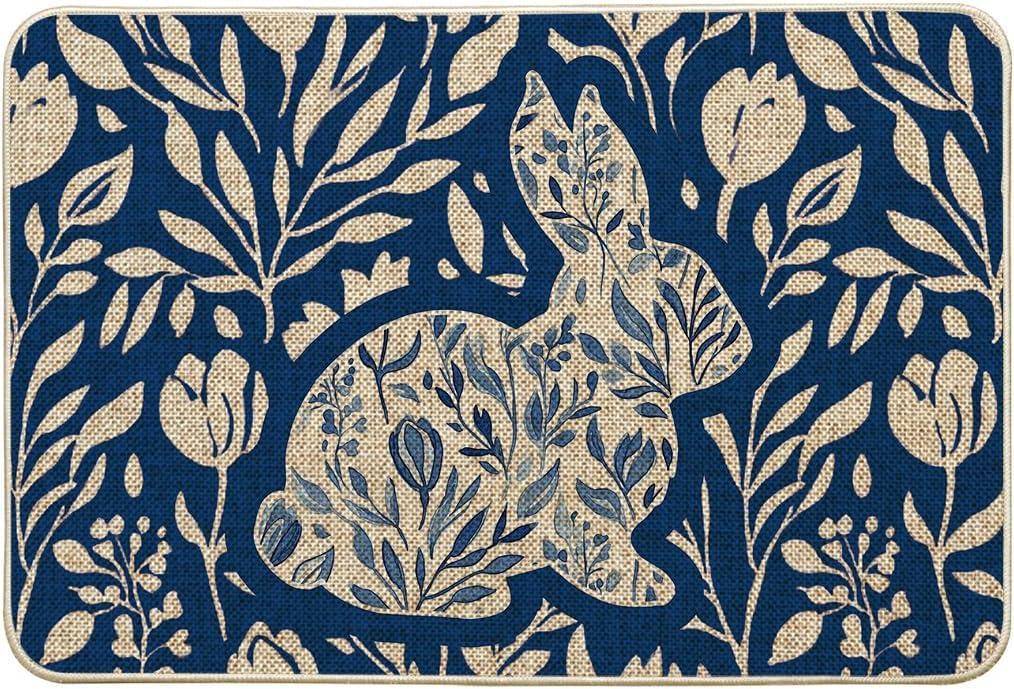 image:imageArtoid Mode Rabbit Bunny Leaves Flowers Easter Doormat Home Decor LowProfile Switch Rug Door Mat Floor Mat for Indoor Outdoor 17x29 InchBlue