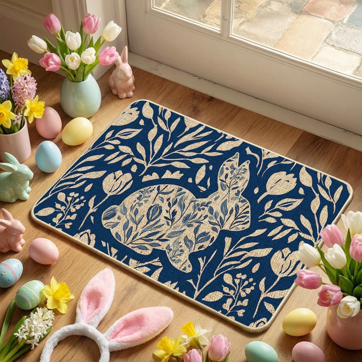 image:imageArtoid Mode Rabbit Bunny Leaves Flowers Easter Doormat Home Decor LowProfile Switch Rug Door Mat Floor Mat for Indoor Outdoor 17x29 InchBlue