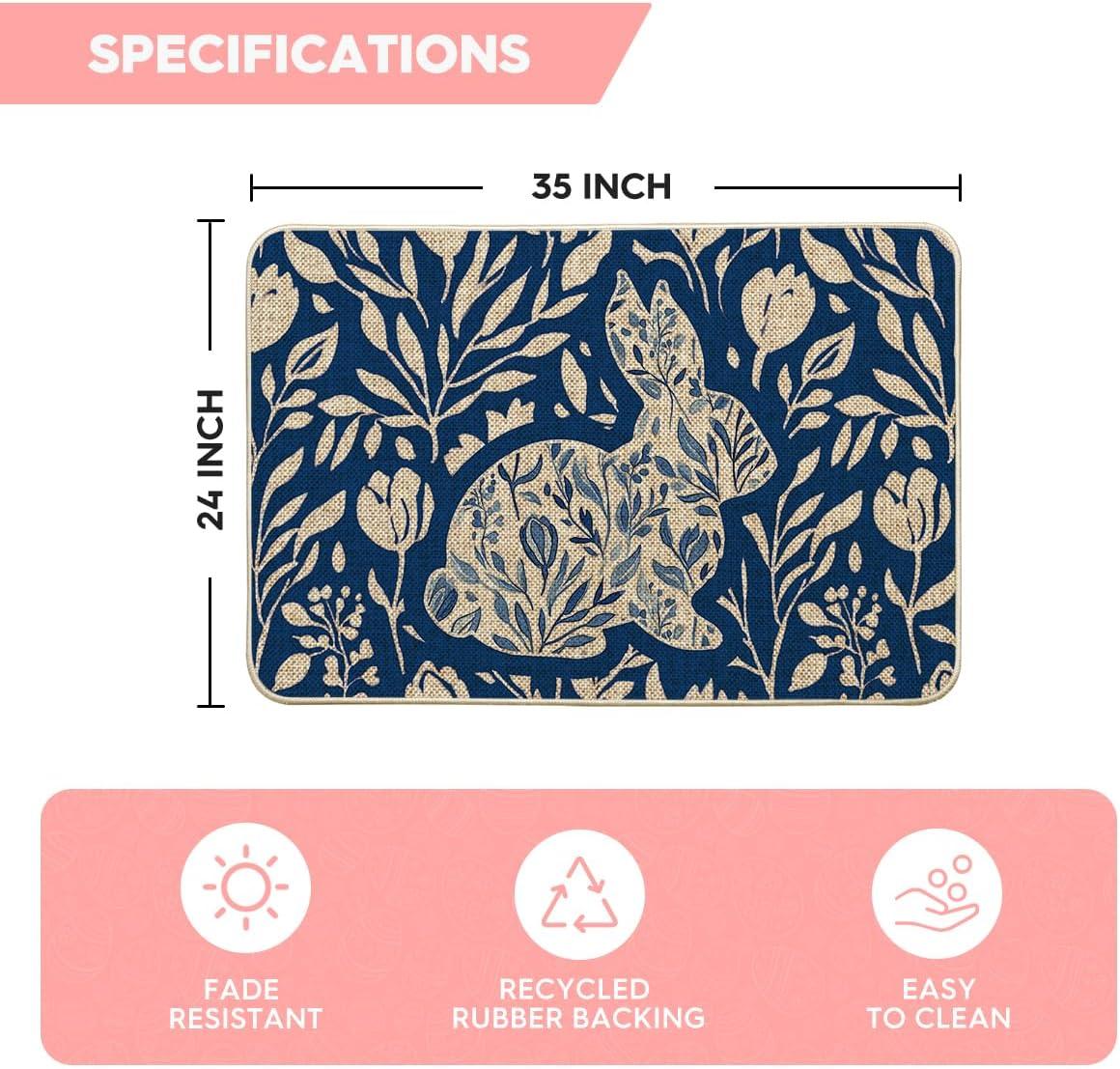 image:imageArtoid Mode Rabbit Bunny Leaves Flowers Easter Doormat Home Decor LowProfile Switch Rug Door Mat Floor Mat for Indoor Outdoor 17x29 InchBlue