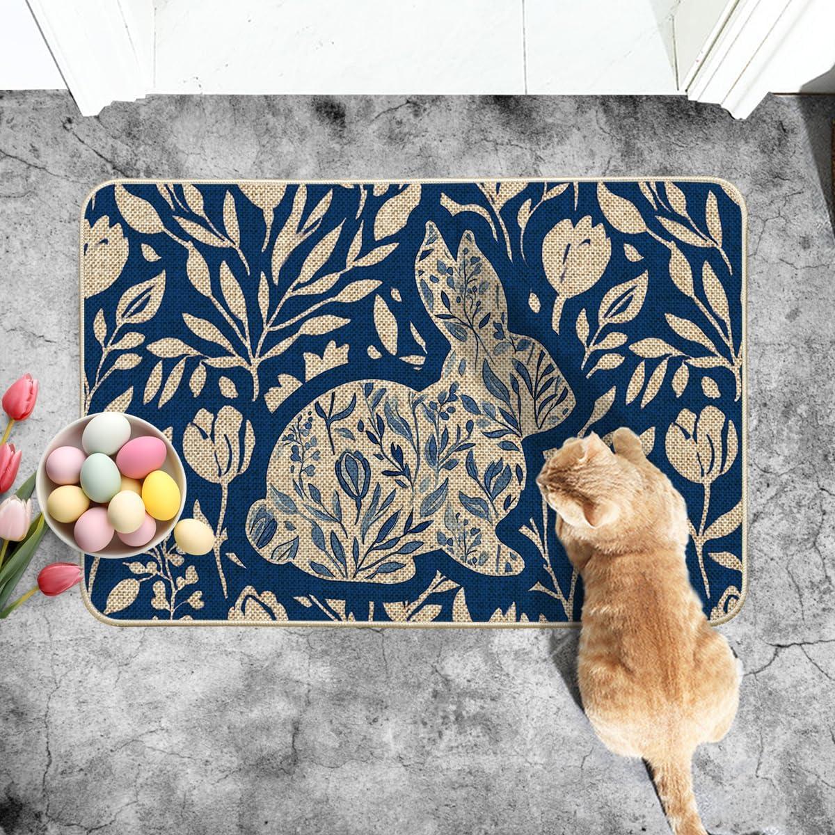 image:imageArtoid Mode Rabbit Bunny Leaves Flowers Easter Doormat Home Decor LowProfile Switch Rug Door Mat Floor Mat for Indoor Outdoor 17x29 InchBlue