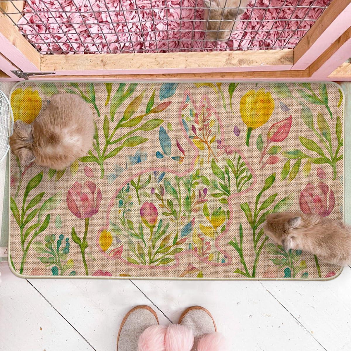image:imageArtoid Mode Rabbit Bunny Leaves Flowers Easter Doormat Home Decor LowProfile Switch Rug Door Mat Floor Mat for Indoor Outdoor 17x29 InchPink