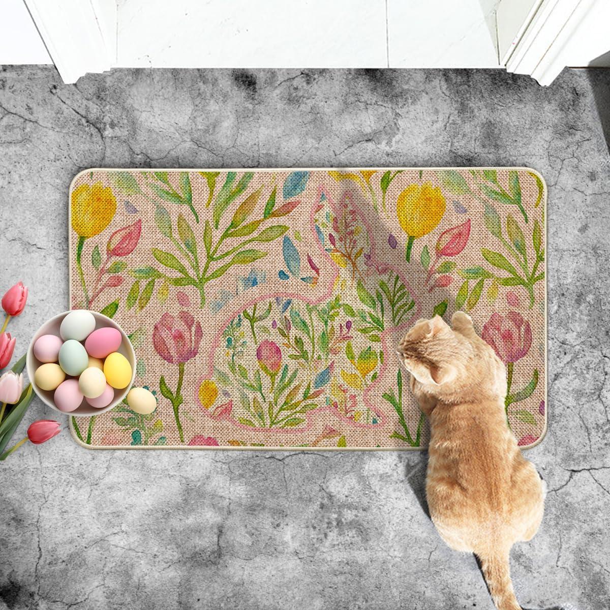 image:imageArtoid Mode Rabbit Bunny Leaves Flowers Easter Doormat Home Decor LowProfile Switch Rug Door Mat Floor Mat for Indoor Outdoor 17x29 InchPink