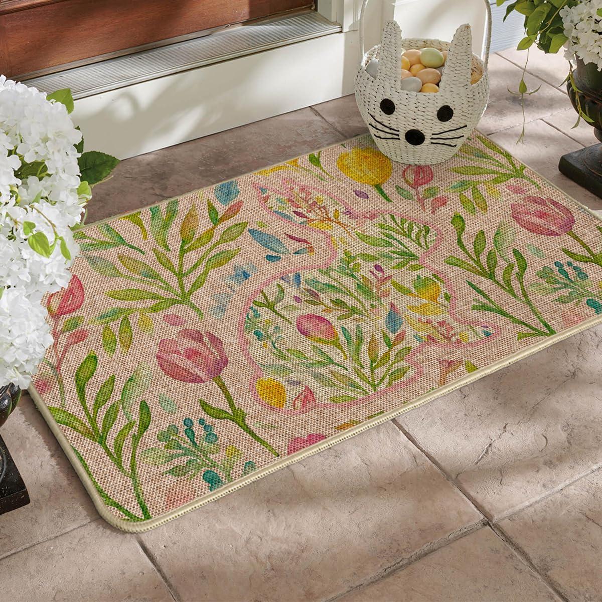 image:imageArtoid Mode Rabbit Bunny Leaves Flowers Easter Doormat Home Decor LowProfile Switch Rug Door Mat Floor Mat for Indoor Outdoor 17x29 InchPink
